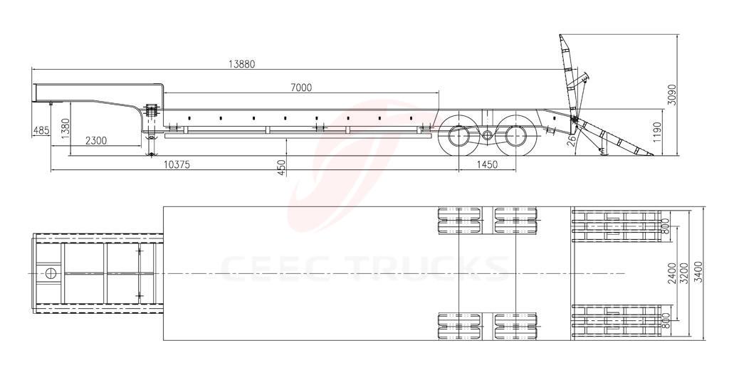 UN 2 axle low bed semitrailer drawing