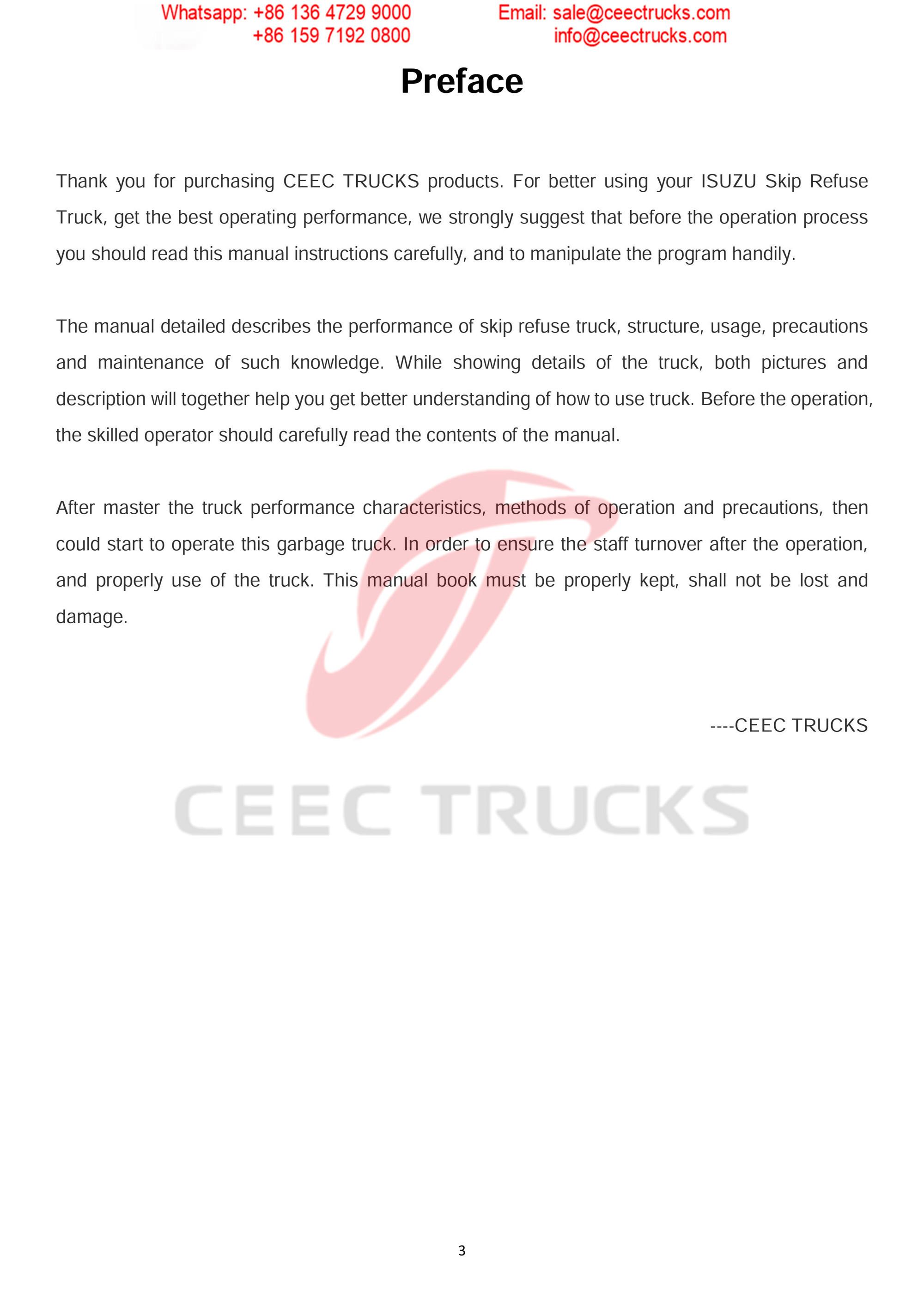 ISUZU 6CBM skip refuse truck Operation Manual