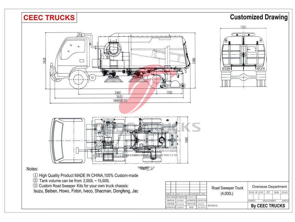  ISUZU 4cbm road sweeper truck drawing 