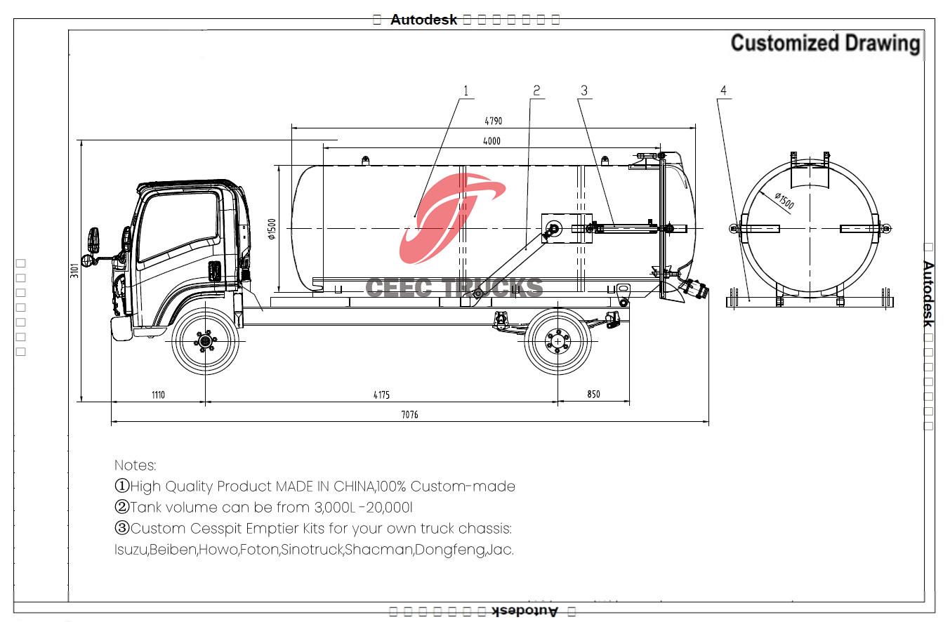 Technical drawing of Isuzu sewage suction truck